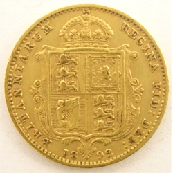  Queen Victoria 1892 gold half sovereign, shield back  