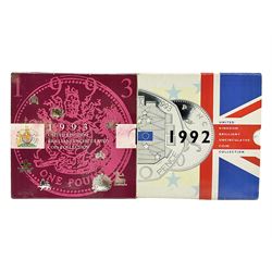 The Royal Mint United Kingdom 1992 and 1993 brilliant uncirculated coin collections, both including dual dated 1992/1993 EEC fifty pence coin, in card folders