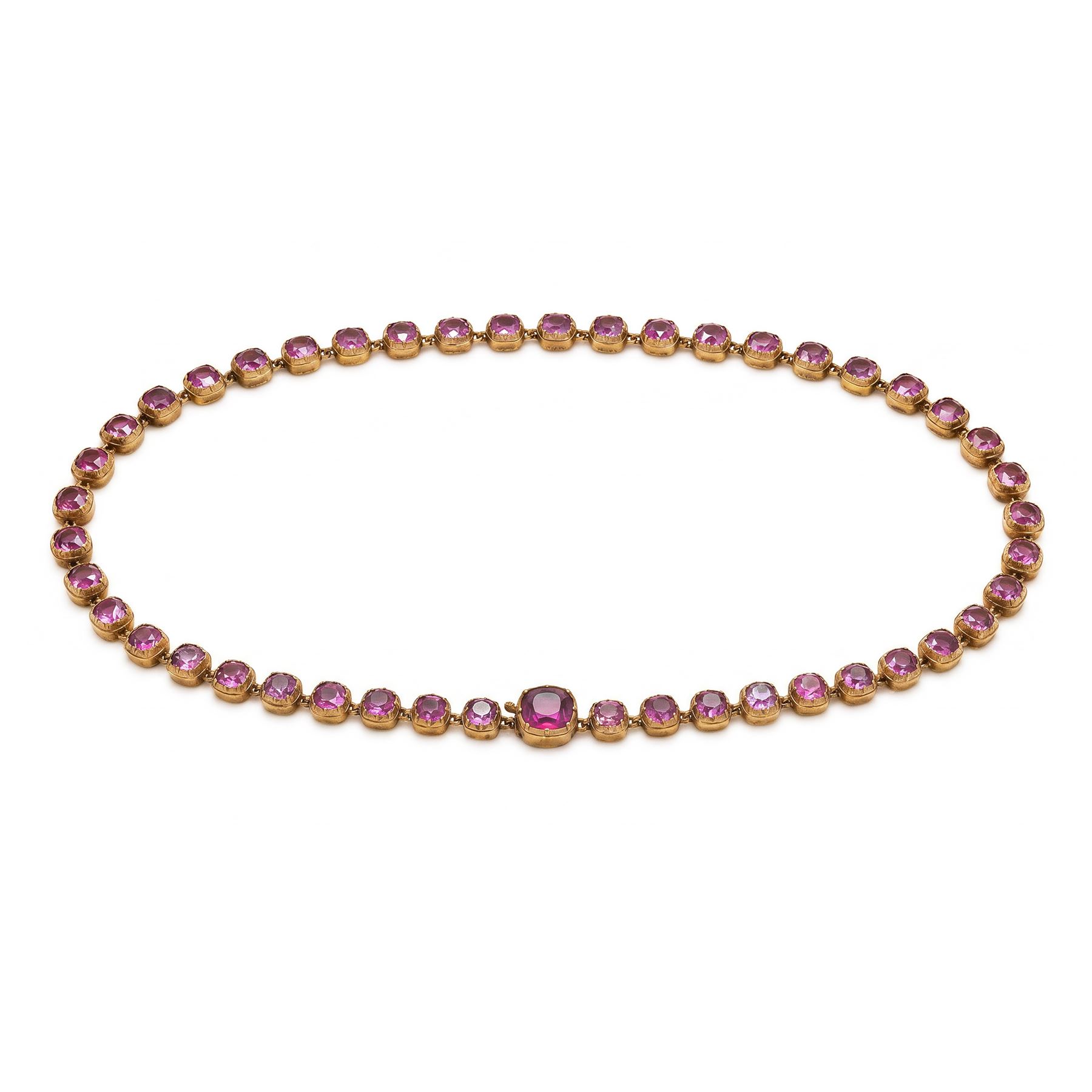 19th century gold garnet rivière necklace, set with forty-four graduating cushion cut rhodolite garnets (possibly doublets), in a velvet and silk lined case by Ollivant & Botsford, Manchester