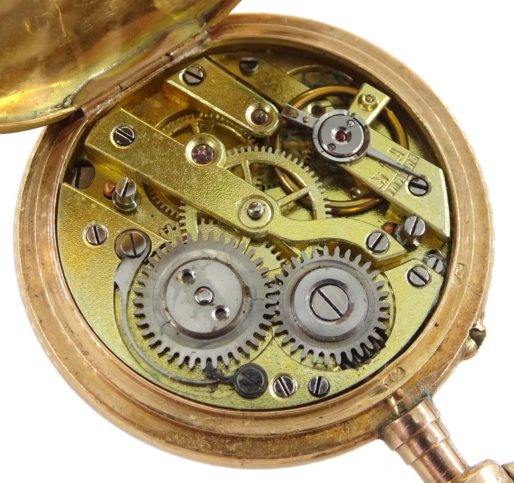Swiss 14ct gold open face keyless cylinder ladies fob watch, white enamel dial with Roman numerals, guilloche red enamel decorated with Fleur de Lys and split seed pearl surround, case No. 285674 with Swiss export hallmarks and engraved horse, with German silver red enamel and split pearl bow attachment stamped 800, in personalised silk lined case by J.C Vickery, Regent street