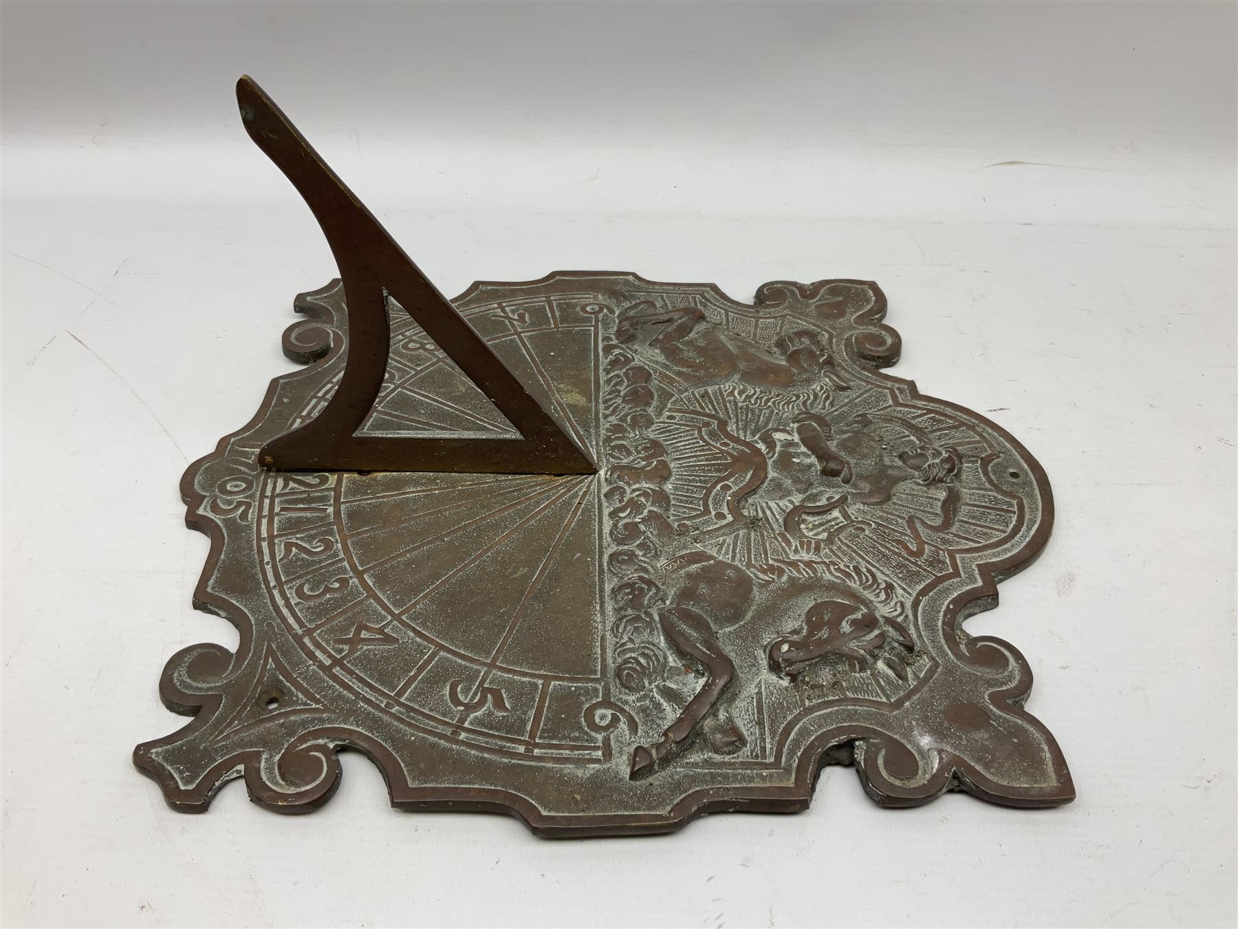 18th Century style cast bronze wall sundial, decorated with Neptune