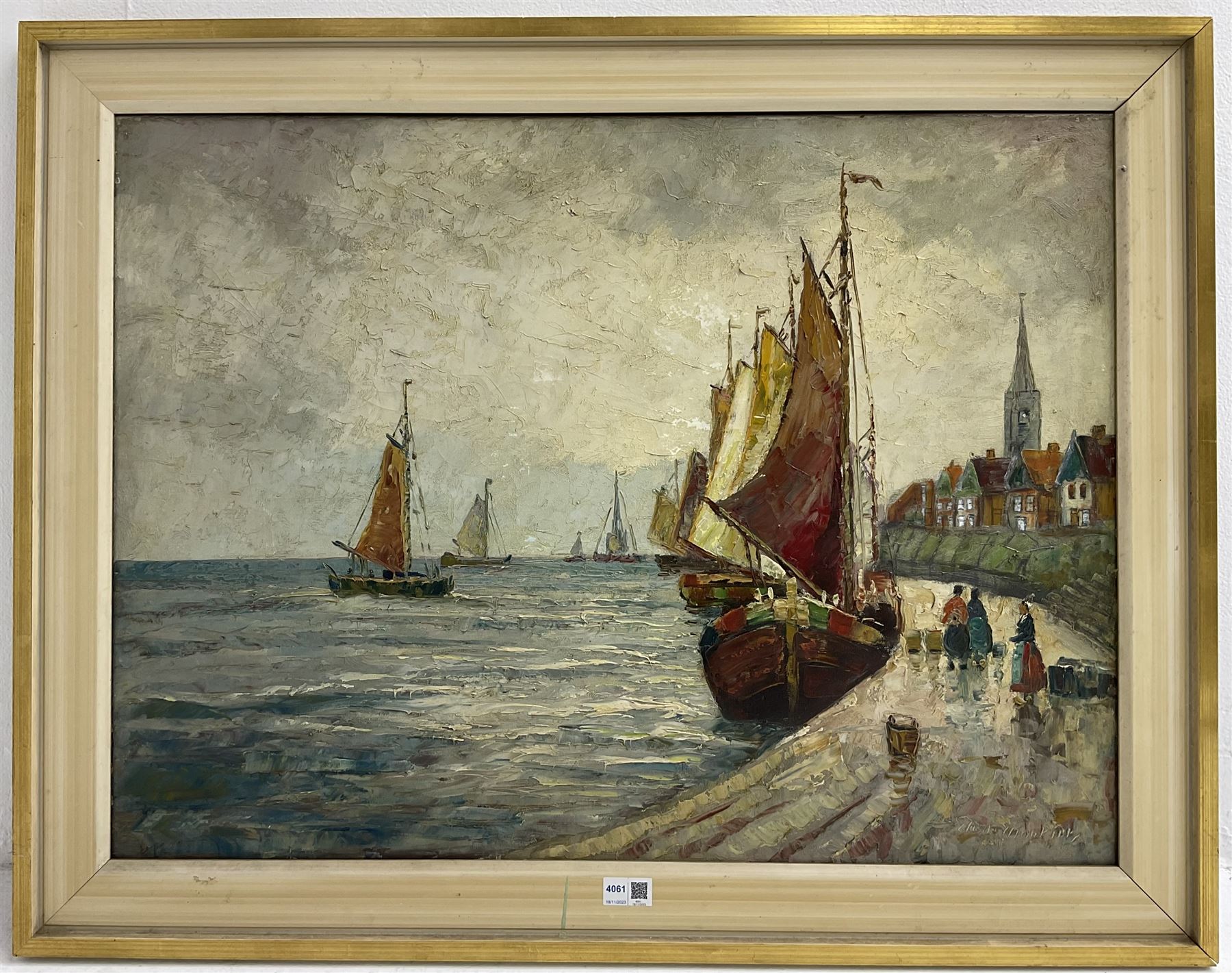 Claude Montier (20th Century): Figures and Ships Along the Promenade, oil on canvas signed 59cm x 79cm