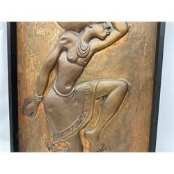 Copper panel embossed with a design of an African warrior in a wooden frame, H84.5cm, W50cm