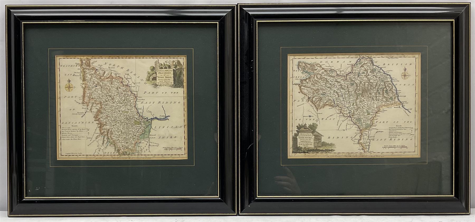 Joseph Ellis (British 18th century): 'A Modern Map of the West Riding of Yorkshire' and 'A Modern Map of the North Riding of Yorkshire', pair 18th century engraved maps with hand-colouring 20cm x 24cm (2)