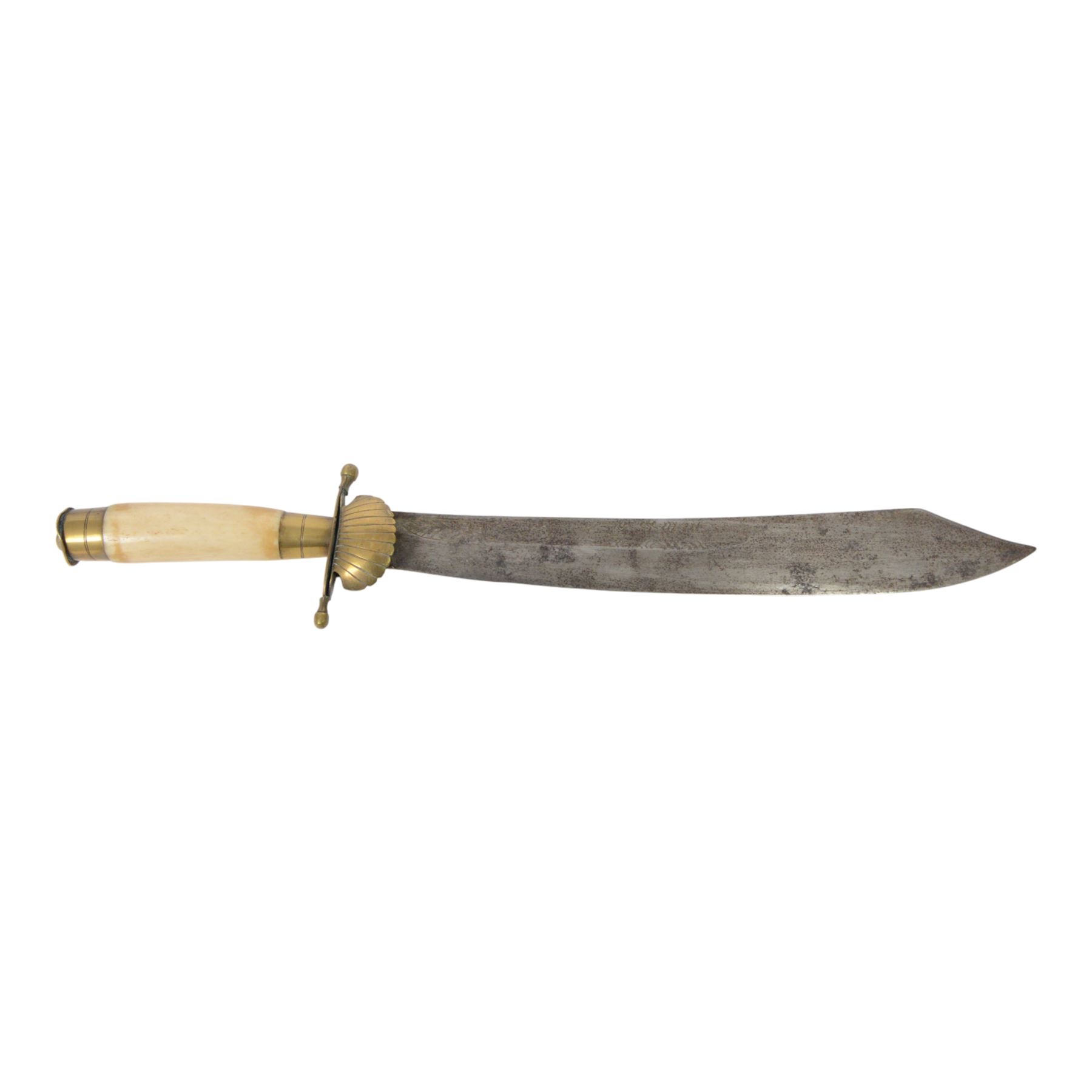 Hunting dagger, with L32cm engraved single edged blade, with a brass deer's foot cross piece with shell guard and horn grip, in a brass mounted scabbard, together with two other daggers