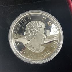Five Royal Canadian Mint fine silver coins, comprising 2016 'Canada's Colourful Maple Leaf' twenty dollars, 2016 'Queen Elizabeth Rose' three dollars, 2017 'A View of Canada from Space' twenty-five dollars, 2018 'Lest We Forget' twenty-five dollars and 2019 'Silver Maple Leaf' ten dollars, all cased with certificates