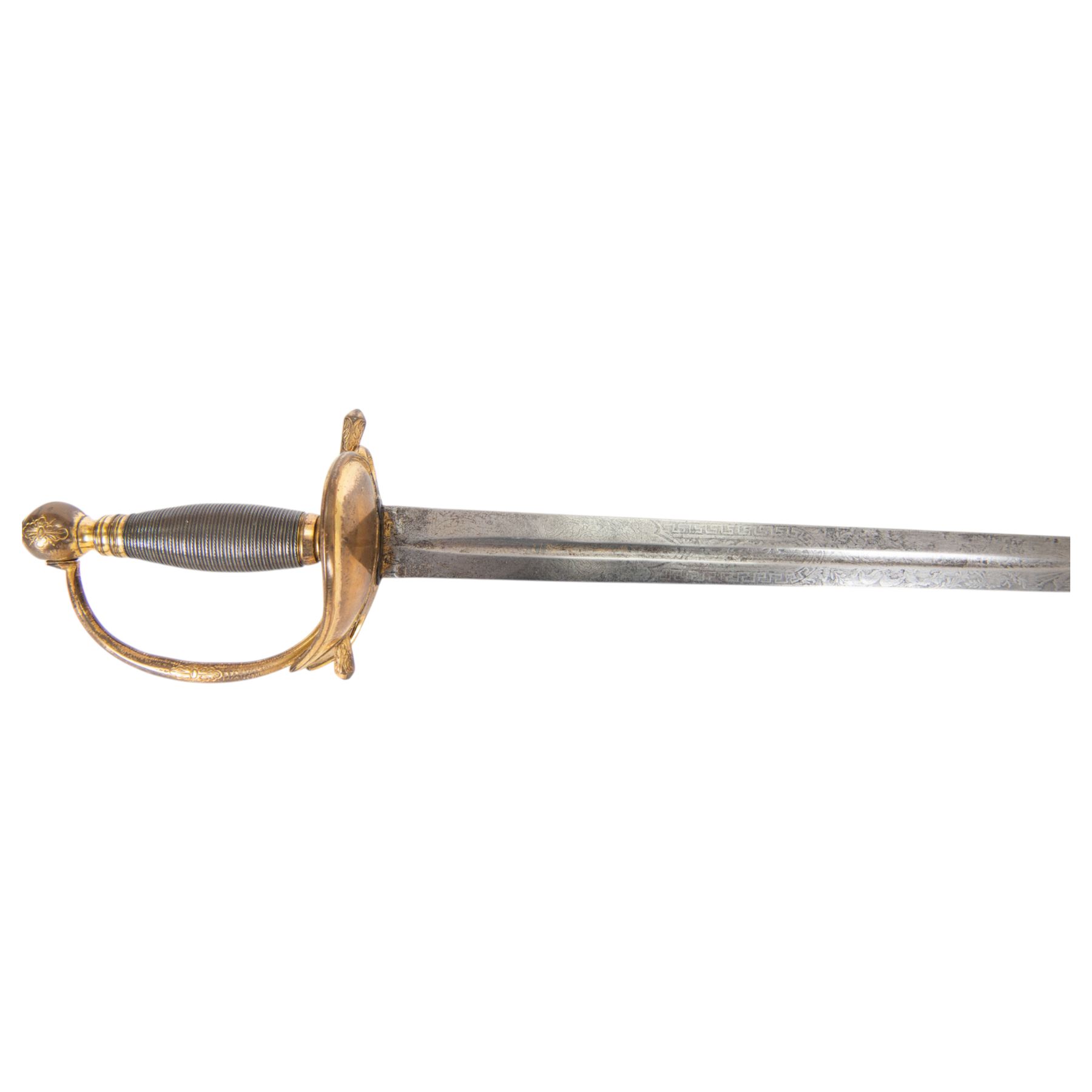 British heavy cavalry officer's sword, 1796 pattern by Thomas Osborn, the 82cm straight double edged blade with central fuller engraved to both sides, with gilded brass boat shaped guard, grip of silver foil over wooden former, within a steel scabbard with twin suspension rings, overall L106cm