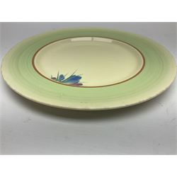 Clarice Cliff trio and plate in Spring Crocus pattern, all with printed mark beneath, plate D25cm 