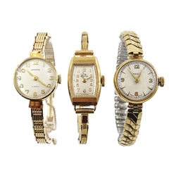  Tissot 9ct gold ladies wristwatch on gold-plated expanding strap, Griffon 9ct gold bracelet wristwatch and Record 9ct gold wristwatch on gold expanding strap, all stamped 375 or hallmarked  