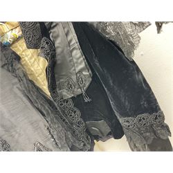 Victorian three piece mourning dress, with lace trim and jet beading, including velvet coat with satin collar panels and cuffs, the nipped waist with boning and slight flared peplum, heavily embellished beaded high neck collar, and ladies embroidered silk lined purse with gilt handle, mount and clasp