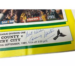 Three football programmes / match-day magazines, 'Chelsea V Tottenham Hotspur Final Saturday May 20th 1967' with 'Daily Express Community Singing' song sheet insert, 'Arsenal V Leeds United Final Saturday 6th May 1972' and 'Football League Division One Notts County V Coventry City Saturday 5th September 1981' signed by Tommy Lawton (3)