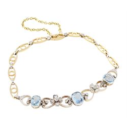 Early 20th century gold and platinum aquamarine and diamond bracelet, three cushion cut aquamarines, each spaced by milgrain set diamond heart and flower head links, to a fancy gold and platinum openwork link bracelet