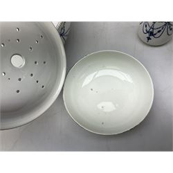 Victorian Empire blue and white transfer printed slop bucket with lid, H28cm excl handle, wash jug and bowl set with toothbrush holder, soap dish and drainer etc