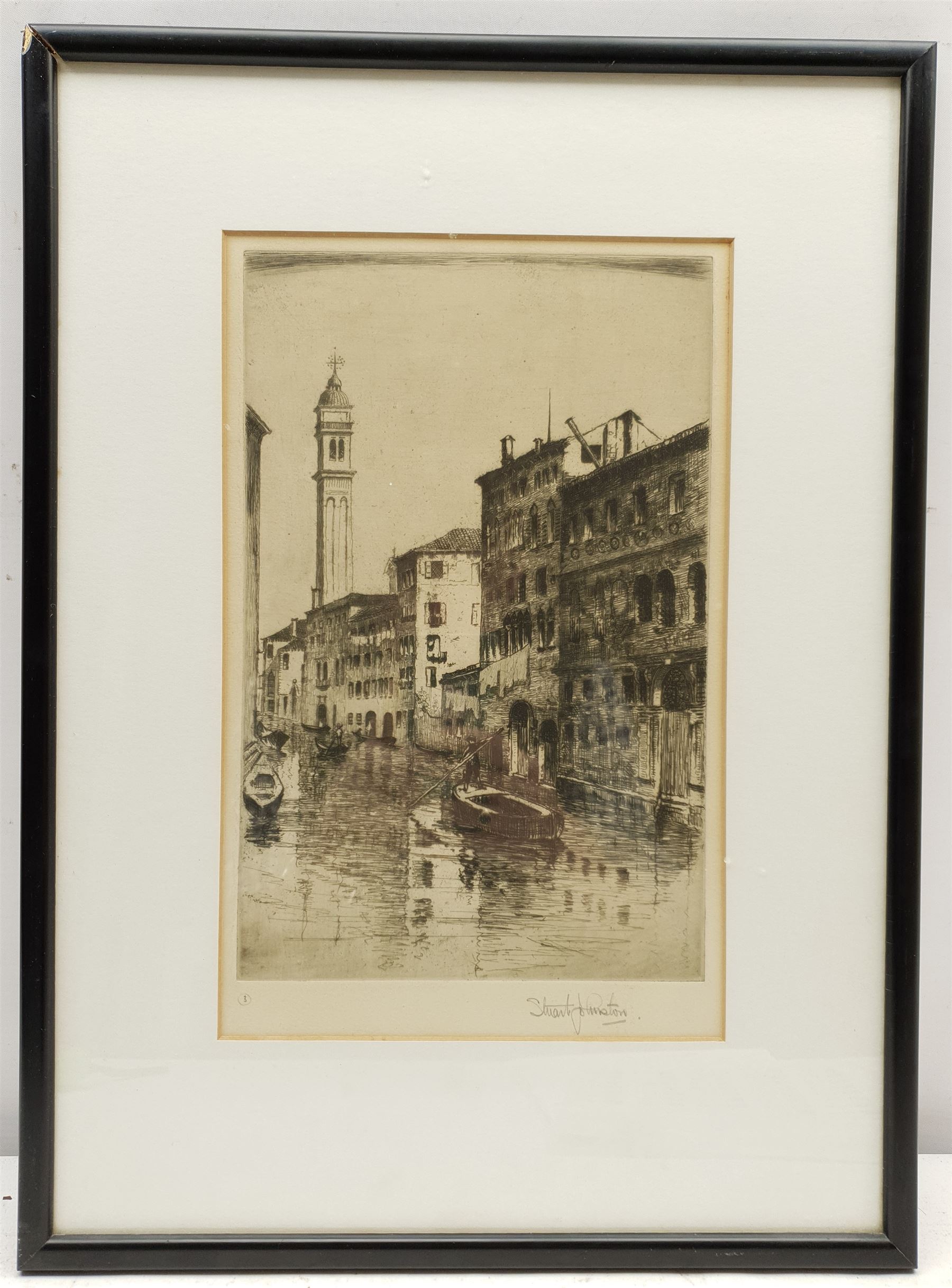 Alexander Cameron (British exh.1921-1929): Coastal Views and Cobblestone Alley, three etchings signed max 11cm x 15cm; Stuart Johnston (British 20th century): Gondoliers Down a Venetian Canal, etching signed and numbered 3, 28cm x 18cm; together with three further etchings by Arthur J Cherry, max 13cm x 9cm (7)