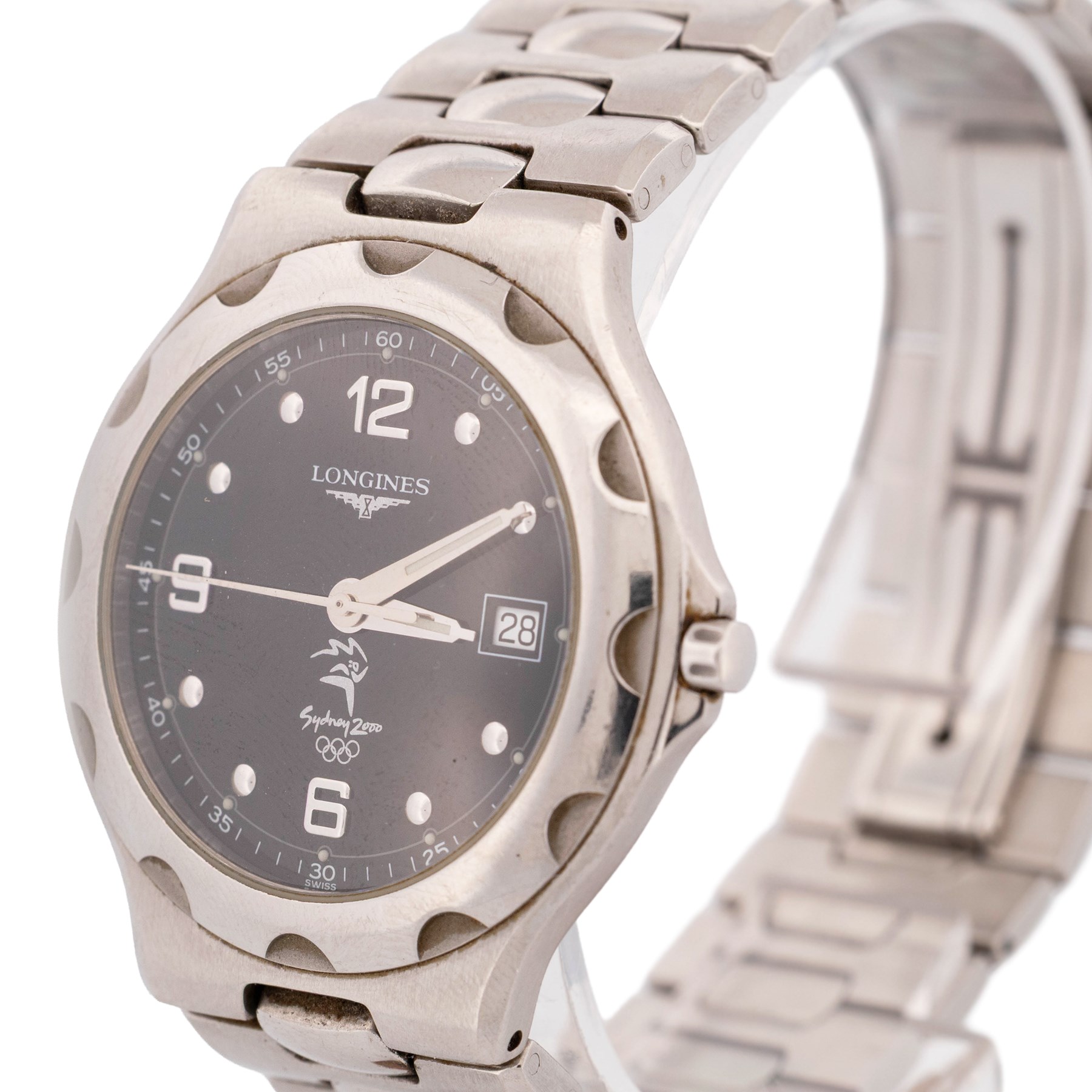 Longines Conquest Sydney 2000 Olympic Games gentleman's stainless steel quartz wristwatch, Ref. L1.633.4.96.6, black dial with Arabic and dot hour markers and date aperture, on stainless steel bracelet, with fold-over clasp, boxed with guarantee card dated 2002