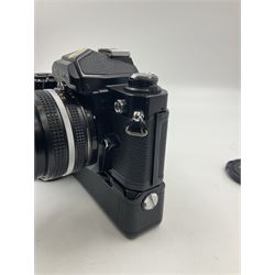 Nikon FM2n camera body, serial no. N8683100, with 'Nikon Zoom-NIKKOR 35-70mm 1:3.3-4.5' len, serial no. 2236565, Nikon MF-16 data back, serial no. 212905 and Nikon MD-12 Motor Drive, serial no 1570382 