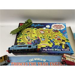 Thomas The Tank Engine and Friends - over forty unboxed models and figures by ERTL with moulded plastic wall mounting display rack; Hornby Clockwork Train Set; and Tomy Big Fun Jig-Saw Play Train; both boxed