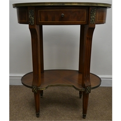  Pair French inlaid walnut oval two tier occasional lamp table, single drawer, gilt detailing, reeded tapering supports, brass capped feet, W63cm, H77cm, D37cm  