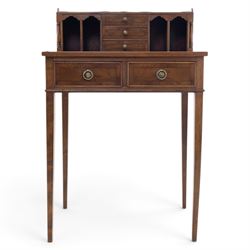 Small Edwardian writing desk, with raised back with three fitted drawers and pigeon holes, above a green tooled leather writing surface, two short drawers with brass ring pulls, square tapering supports