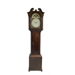 Stockell and Son of Newcastle -  oak cased  early 19th-century 8-day longcase clock, with a swans necked pediment and break arch hood door beneath flanked by  turned pilasters with brass capitals,
trunk with canted corners and long door with an arched top, rectangular plinth on bracket feet, painted dial with 