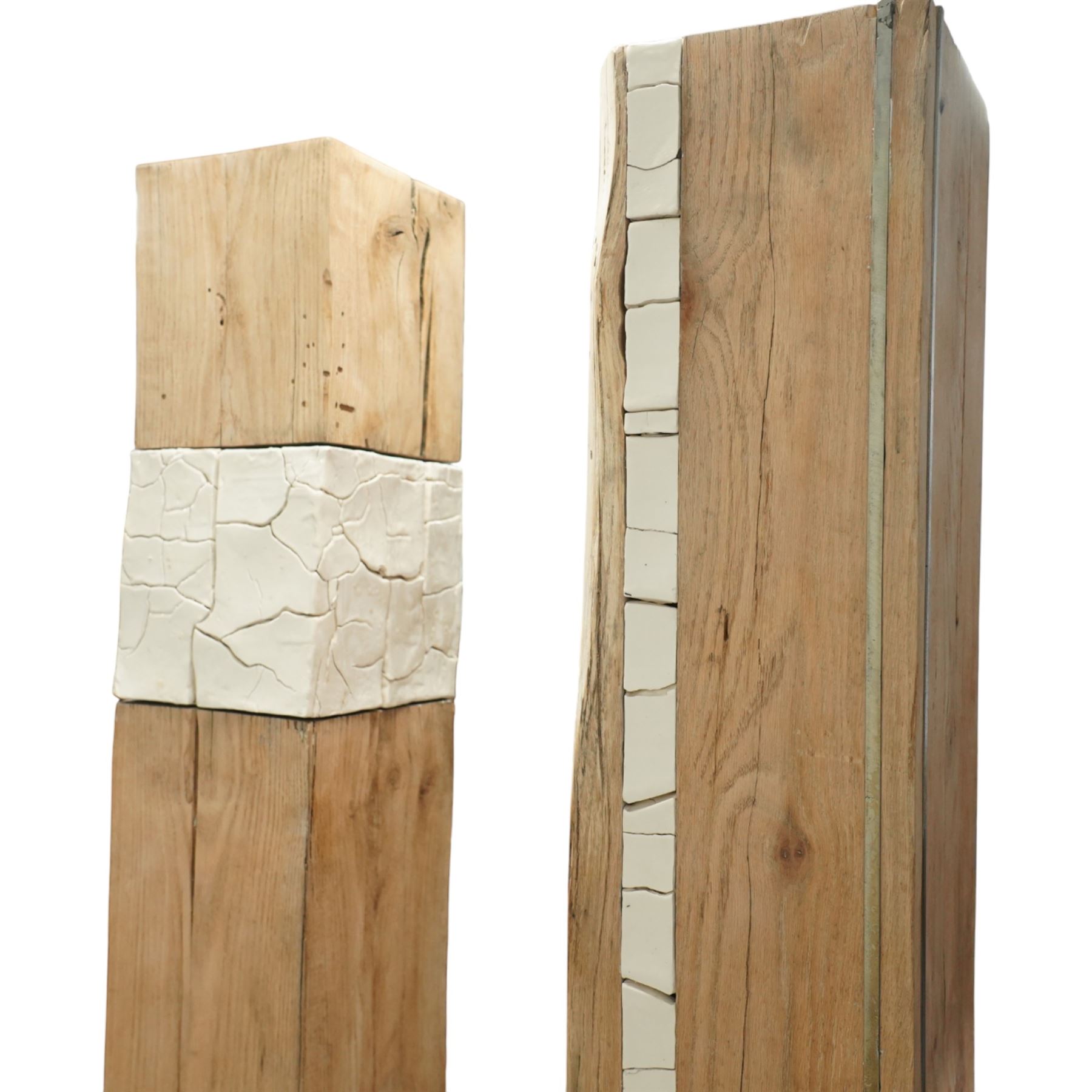 Sophie Olivier (French 1978-): ‘Amour’, 3D sculpture depicting Man & Woman, constructed from driftwood sections with inset ceramic elements and metalwork frames, mounted on a stepped metal base, applied with artist’s plaque and dated 2017