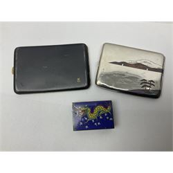 Japanese silver cigarette case, and another gold plated example, both depicting a mountain scape, together with a cloisonne matchbox holder 