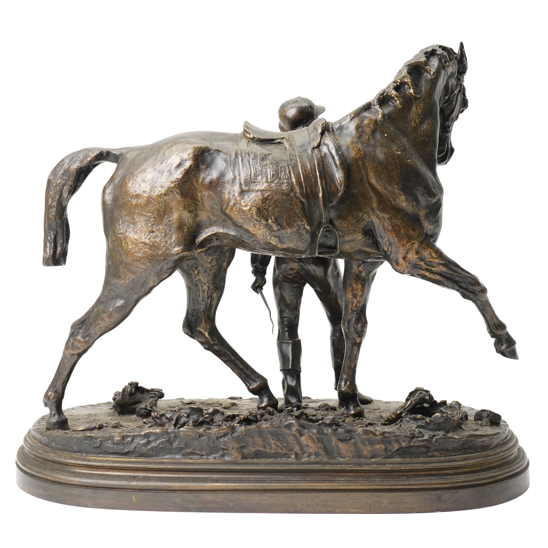After Pierre Jules Mene (French 1810-1879): Vainqueur!!!, bronze equestrian group of a Derby jockey leading his horse on naturalistic moulded oval base, titled signed and dated 1866, H37cm W43cm