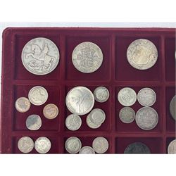 Great British and World coins including King George V 1935 crown, various silver three pence pieces, United States of America 1944 quarter dollar etc, housed in a coin tray