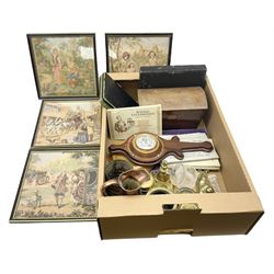 Assorted collectables, to include four framed and glazed machine woven tapestry panels of figures, 19th century tea caddy, cigarette albums, barometer, etc., in one box 