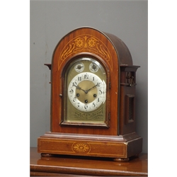  Early 20th century inlaid walnut bracket mantel clock, engraved brass dial with silvered Arabic chapter ring, chime/silent and slow/fast levers, 'Junghans' triple train driven Westminster chiming movement, H45cm  