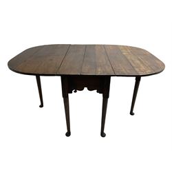 George III oak drop-leaf dining table, oval top over gate-leg action cabriole supports
