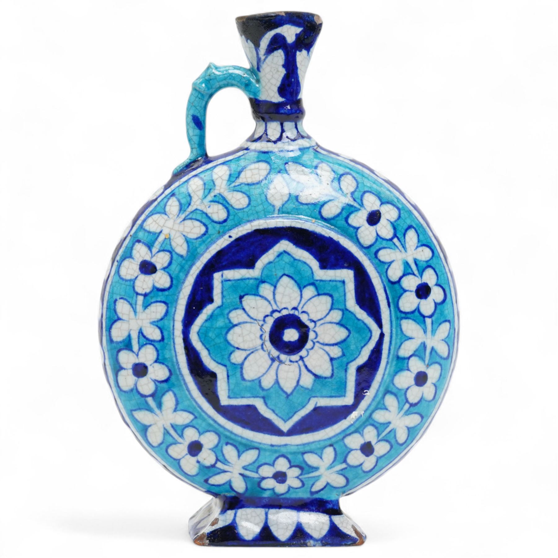Indian 19th century Sind pottery moon flask, painted in colours of turquoise and cobalt blue, each side with lotus motif inside a border of flowers, H22.5cm