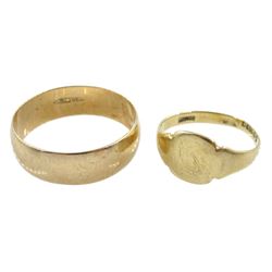 Gold wedding band and a gold signet ring, both hallmarked 9ct, approx 6.9gm