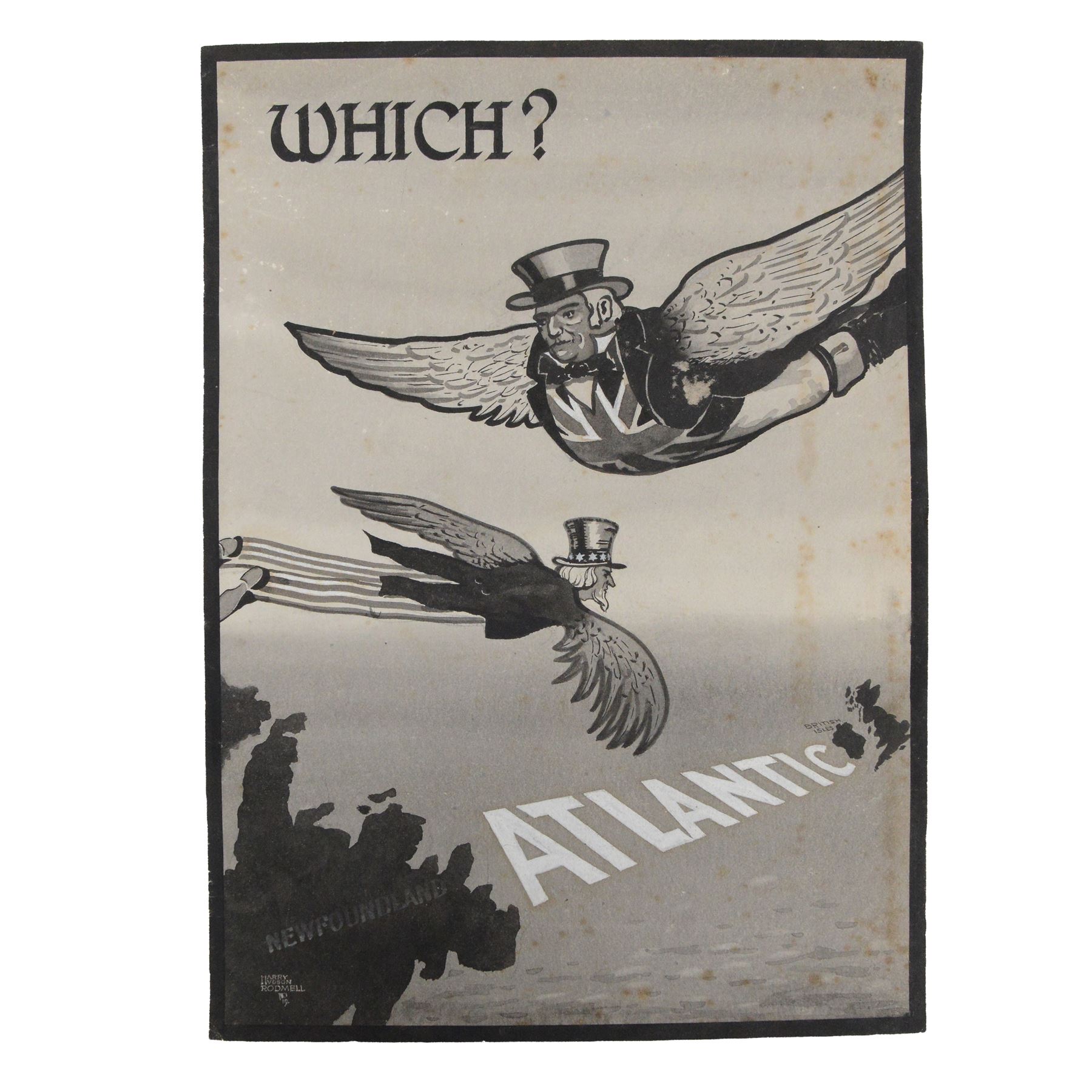 Harry Hudson Rodmell (British 1896-1984): 'Which?', original watercolour poster illustration, depicting John Bull and Uncle Sam flying over the Atlantic, separating Newfoundland and the British Isles, signed and dated 19** lower left, 29cm x 21cm (unframed) 
Notes: this cartoon is probably a reference to the Economic Union Party. In 1948, two referendums were held in Newfoundland to determine whether the country would join Canada, remain under British rule, or regain independence. The EUP was formed during the first referendum campaign and advocated for economic union with the United States of America, hence the presence of Uncle Sam in the image.