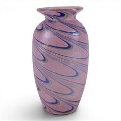 Studio art glass of baluster form, decoration with pulled feather design in purples and blues, together with Strombergshyttan vase, of tapering form with etched Viking boat design, two Murano bud vases, and one others