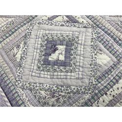 Large patchwork quilt, with concentric squares of alternating lilac and white floral and check pattern fabric, W230cm x L264cm