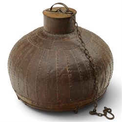 19th century and later Indian wrought iron riveted strapwork light fitting shade, modelled on a water vessel, with wrought iron hanging chain
