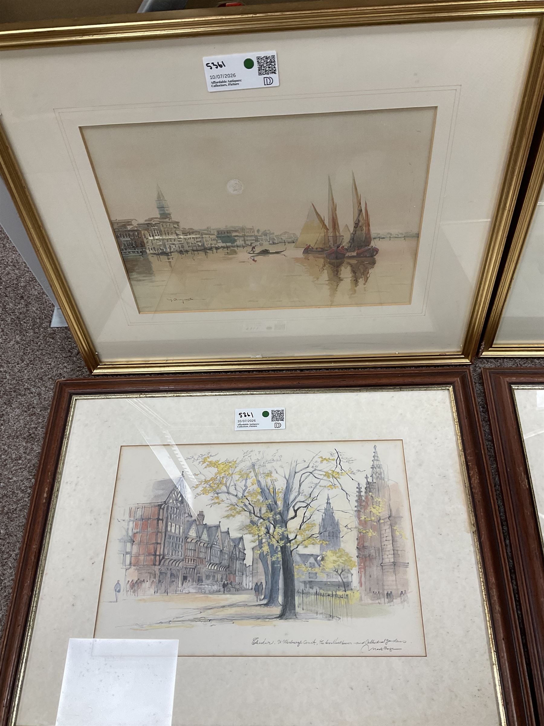 G Augusti (Italian late 19th/early 20th Century): Views of Venice, pair of watercolours signed; together with After Mads Stage (Danish 1922-2004): 'The Pantiles - Tunbridge Wells' and 'Chester - St Werburgh Court, The Town Hall Tower and Cathedral Gardens', pair of coloured lithographs max 23cm x 34.5cm (4)