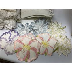 Large quantity of table linen and Victorian and later lace, framed machine tapestry depicting Greece, embroidered wall hanging decorated with a woodland scene with deer and blossoming tree, embroidered linen decorated with floral design, crochet, etc