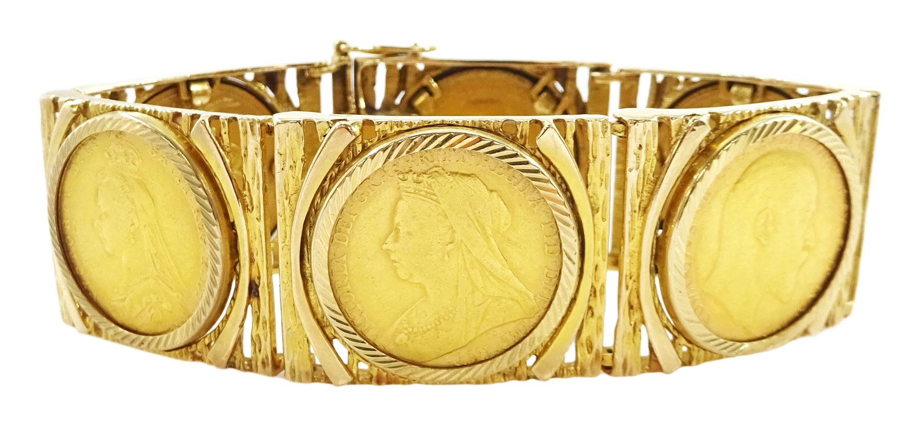 Gold sovereign bracelet, six gold full sovereign coins dated 1872, 1890 (Sydney mint), 1899, 1910 (Perth mint), 1912 and 1925 (South Africa mint), loose mounted in 9ct gold bracelet, hallmarked