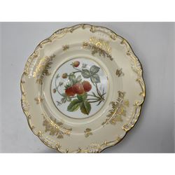 Pair of Minton cabinet plates, with floral gilt decoration and the central hand painted with strawberries, D23cm