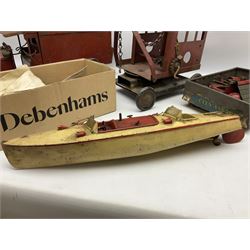 Hornby Racer 3 speedboat L45cm; pre-war Tri-ang sheet steel lorry and mobile crane; quantity of lead soldiers by Johillco etc; Tri-ang Minic clockwork Royal Mail Van; and part set of tin-plate construction pieces; all unboxed