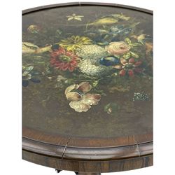 Early Victorian rosewood tripod pedestal table, circular moulded top hand painted with flowers and birds on slate, on tapered hexagonal column with carved acanthus leaf baluster, three splayed supports carved with foliage and scrolling terminals 
