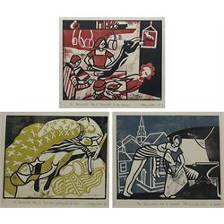 Morag Eaton (Northern British Contemporary): 'The Blacksmith's Wife of Yarrowfoot': 'Pulling out of Bed', 'In the Kitchen', 'Putting on the Bridle', set three limited edition relief prints signed titled dated '13 and numbered 3/10, 4/11 and 4/7, respectively, 19cm x 24cm (3)