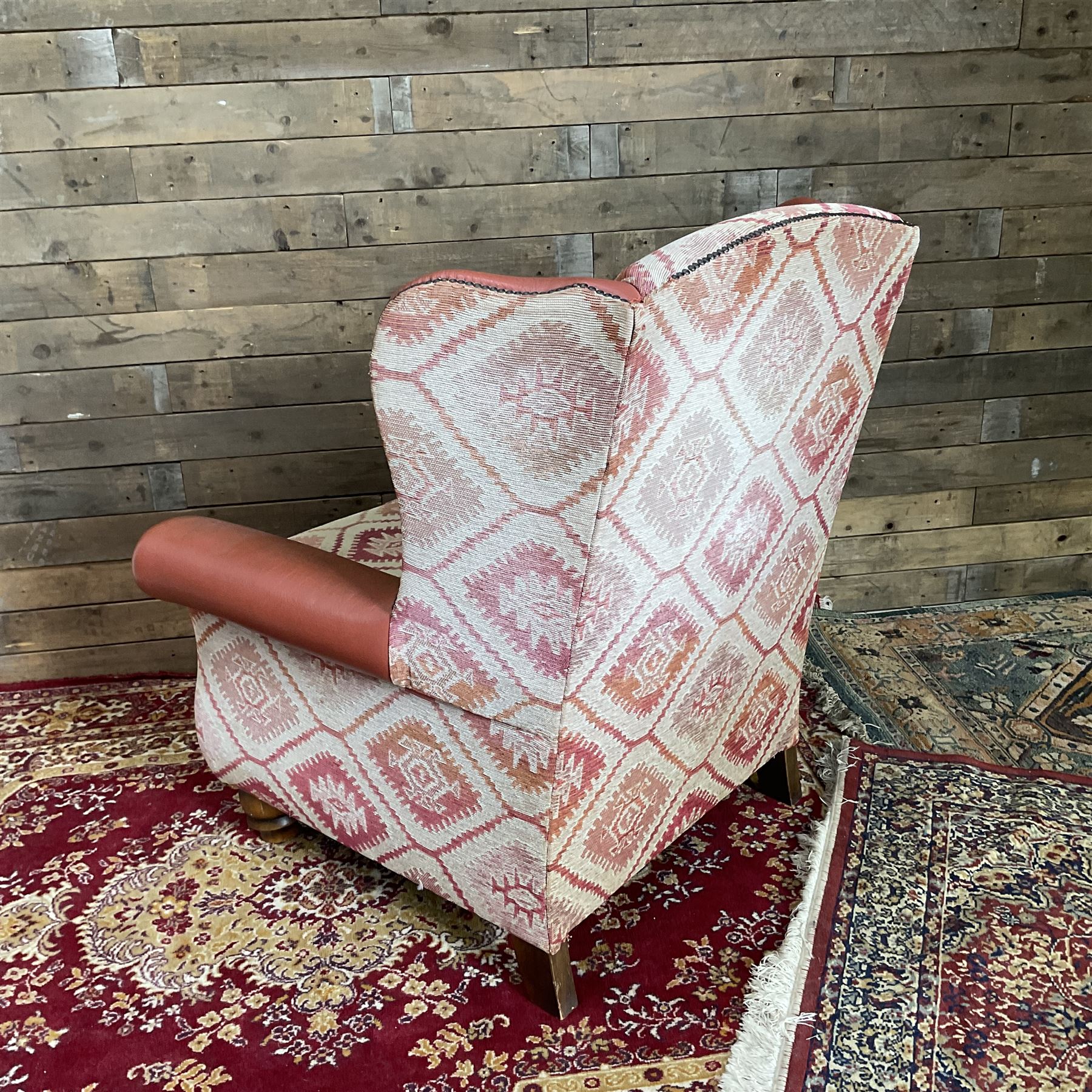 Tetrad Eastwood Wingback Leather Kilim Armchairs Brown with footstool,