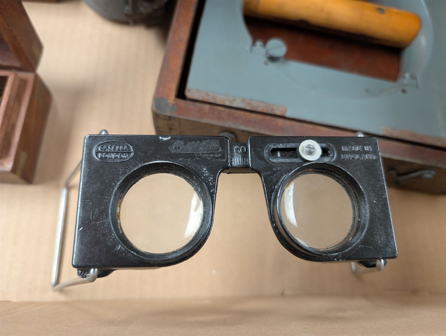 Cooke, Troughton & Simms square level, klaxon horn, telescope, casella glasses, etc
