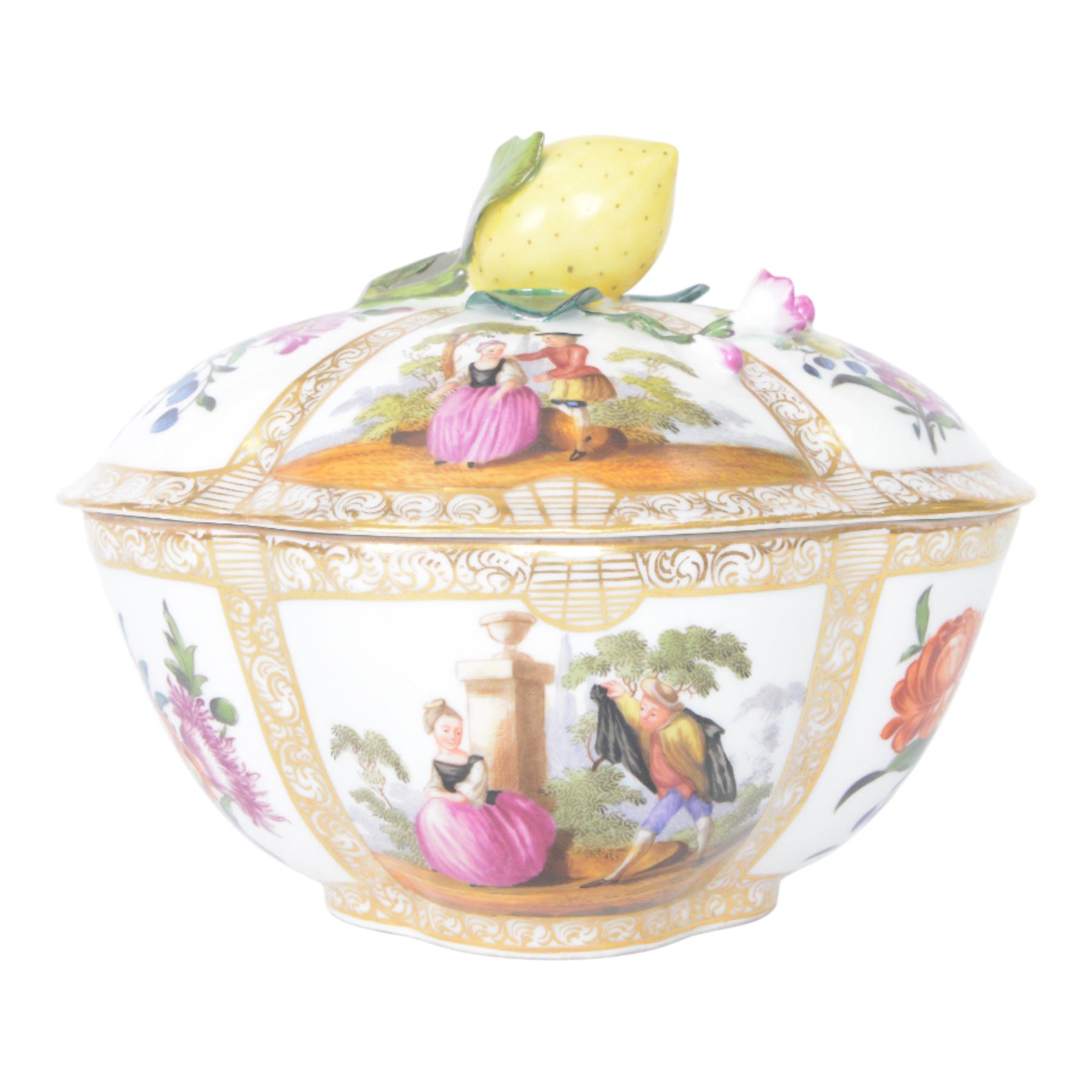 19th century Helena Wolfsohn for Dresden quatrefoil lidded bowl and stand, the panels decorated with figures in landscapes and floral sprigs, with a lemon finial to the lid, H18cm 