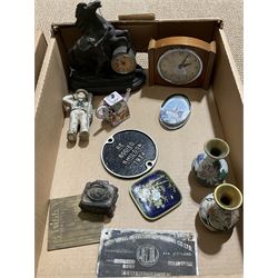 Group of assorted collectables, to include Spelter Marly horse mantle clock, cast iron money box modelled as a sailor, small pair of cloisonne vases, cloisonne pin dish, pewter trinket box and cover, etc., in one box 