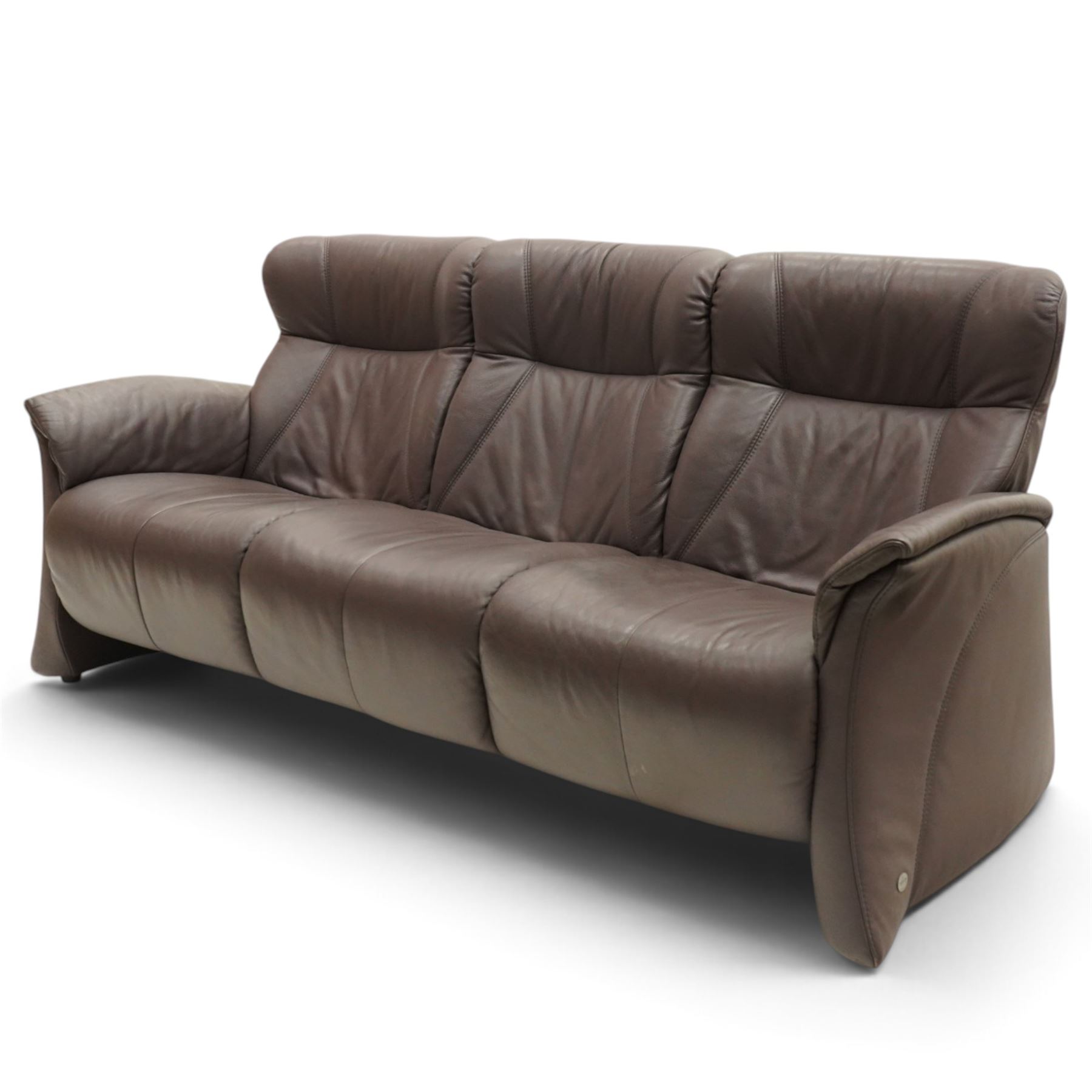 Himolla - ‘Cumuly’ lounge suite upholstered in deep aubergine leather, comprising two-seat sofa with high padded back, shaped arms and panelled upholstery (W 161cm, D 82cm, H 93cm), and three-seat sofa conforming (W 200cm, D 82cm, H 93cm)