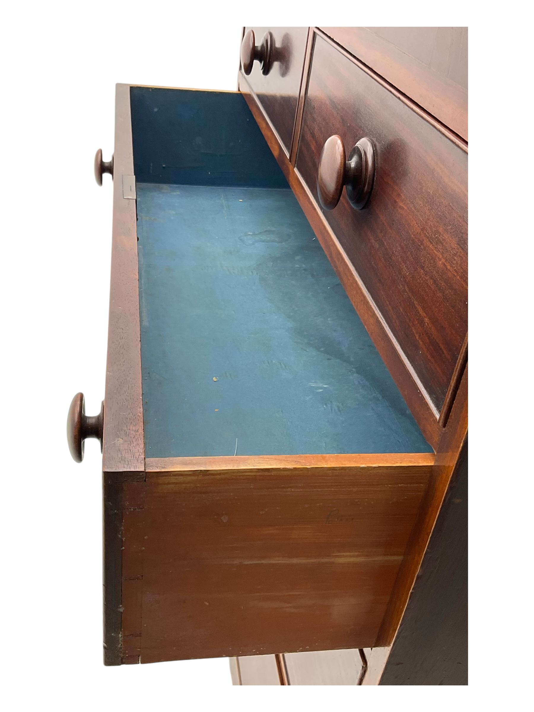 Victorian mahogany chest, rectangular top with moulded edge over two short and three long cockbeaded graduated drawers, on shaped bracket feet